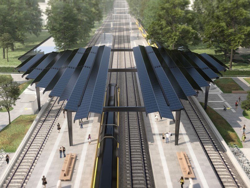 Het station van Delft Campus die volledig op zonenergie draait. (Foto: ProRail)