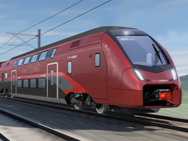Vanaf 2026 zal de �BB de eerste dubbeldeks Railjet inzetten, waarmee de vloot ervan wordt uitgebreid met een tweede model. (Foto: �BB / Stadler)