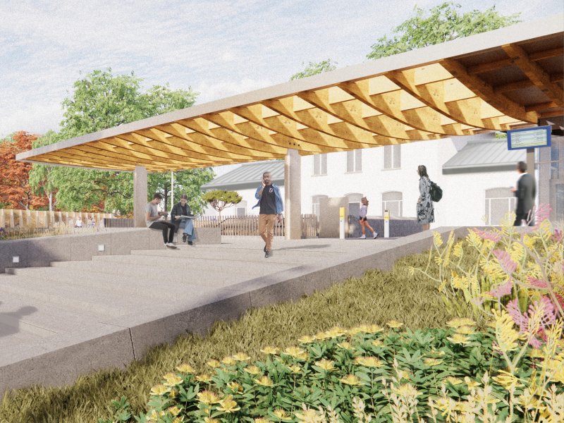 Een impressie van het nieuwe station van Vught. Het spoor wordt verdiept aangelegd. (Foto: NEXT Architects )