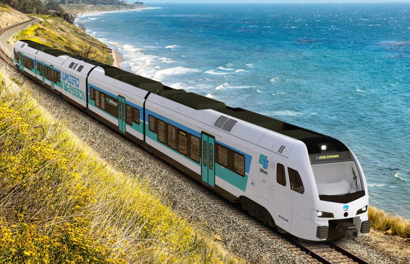 Een conceptafbeelding van de nieuwe waterstoftreinen voor in Californi�.  (Foto: Stadler)