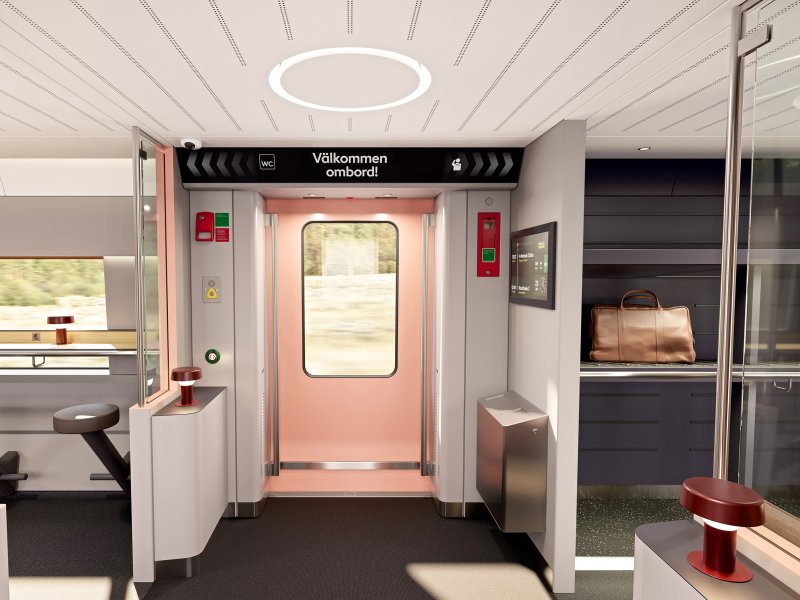 Ook kan je aan een bartafel zitten en is er ruime plek voor bagage. (Foto: Stadler Rail)