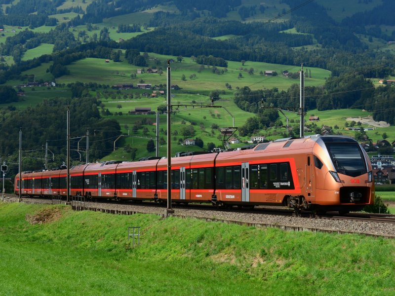 De koperkleurige Traverso FLIRT van de SOB die de reiziger meer luxe geeft en voornamelijk op de bezienswaardige trajecten rijdt. (Foto: Nelso Silva CC BY-SA 2.0)