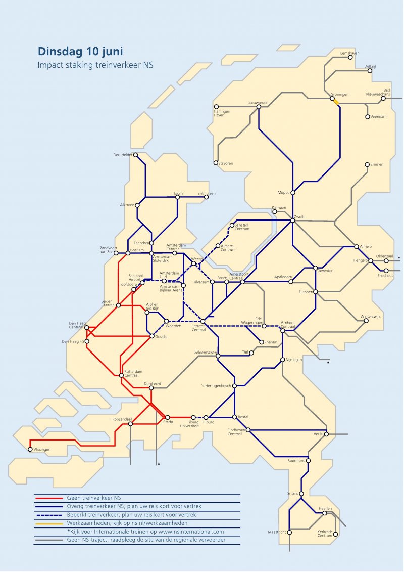 Op dinsdag 10 juni wordt het zuiden en westen van het land geraakt door de NS-staking. (Rechten: NS)