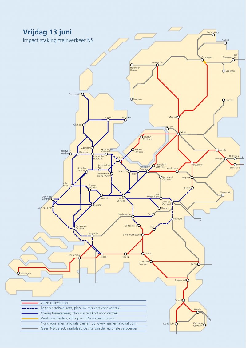 De dienstregelingkaart van NS waarop er in het noorden en zuiden van het land geen NS-treinen rijden.