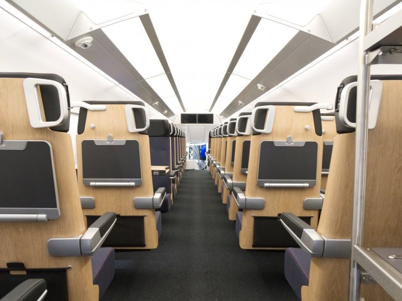 Het interieur van de KISS-trein die AB Transitio bij Stadler besteld heeft. (Foto: Stadler / AB Transitio)