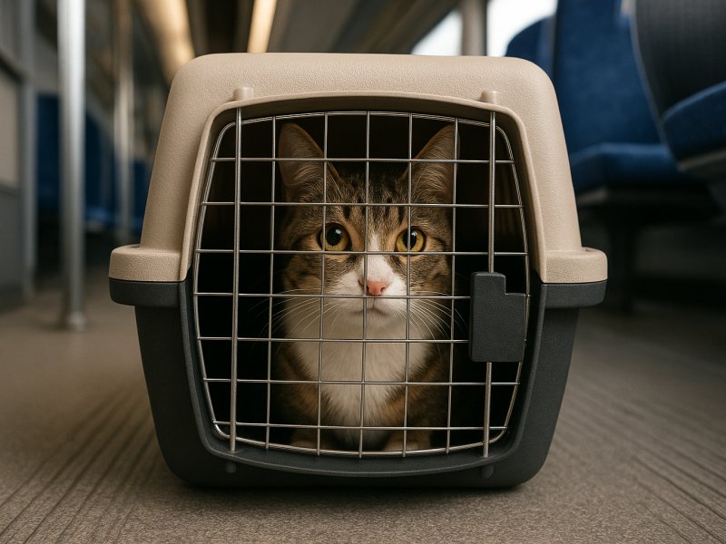 Een door AI gegenereerde foto van een kat in een trein, dus niet de kat Monet. (Foto: Treinenweb / AI)