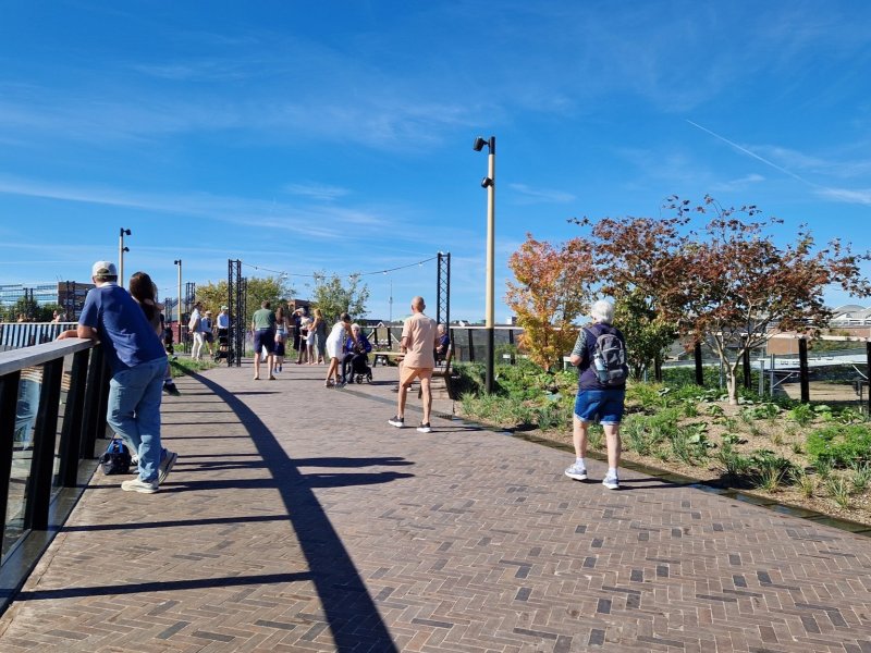 Vanaf de S-vormige brug kan je alle treinen vanaf het station en uit de richting van de Hanzeboog en Kampen zien aankomen. (Foto: Clayweb / Treinenweb)