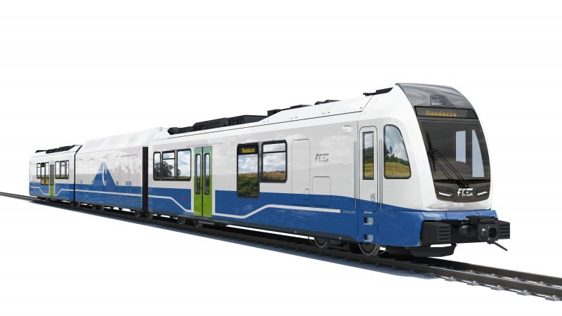 De gepresenteerde smalspoortrein voor het Italiaanse FCE. (Foto: Stadler Rail)