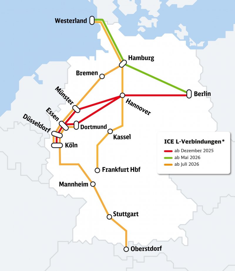 De voorlopige inzet van de ICE L in Duitsland. Het is nog niet bekend wanneer de trein naar Nederland zal rijden. (Rechten: Deutsche Bahn AG)