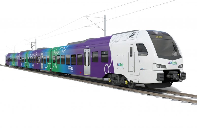 Het ontwerp van de trein in de huisstijl van RRReis. (Foto: Stadler / Arriva Nederland)
