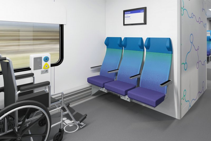 De trein biedt ruimte voor rolstoelen en is voorzien van call-for-aid hulpknoppen. (Rechten: Stadler / Arriva Nederland)