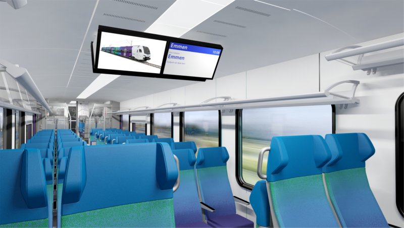 Voor goed zichtbare reisinformatie zijn er aan het plafond reisinformatieschermen aangebracht. De oplettende kijker herkent dit als een NS-reisinformatiescherm, maar natuurlijk zal dit straks niet het geval zijn. (Rechten: Stadler / Arriva Nederland)