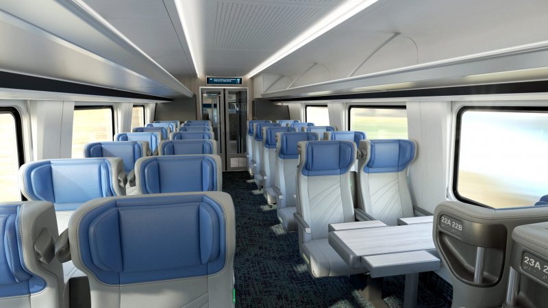 De tweede klas die wat breder dan normaal is vanwege de afwijkende treinbreedtte in Amerika. (Rechten: Amtrak)